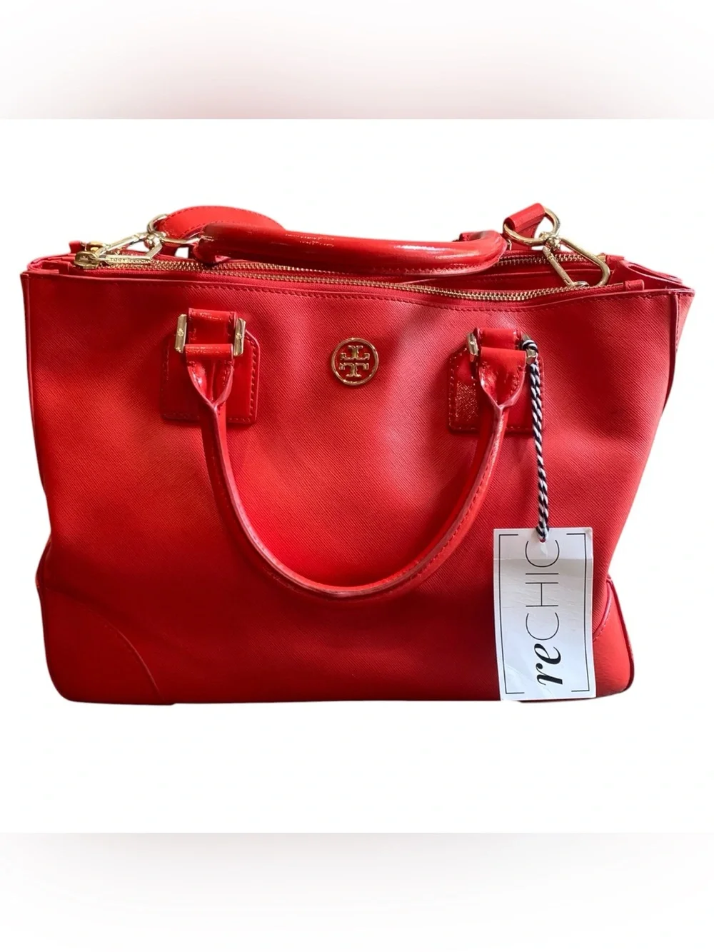 Tory Burch Robinson Double Zip East West Large Pebbled Leather Shoulder Bag Tote